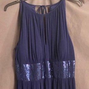 Midnight blue halter top floor length gown metallic blue enhanced waist